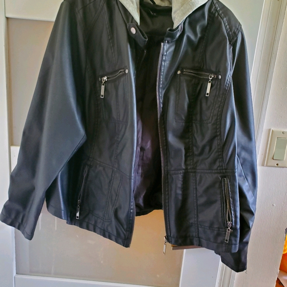 Black fux leather jacket with hood